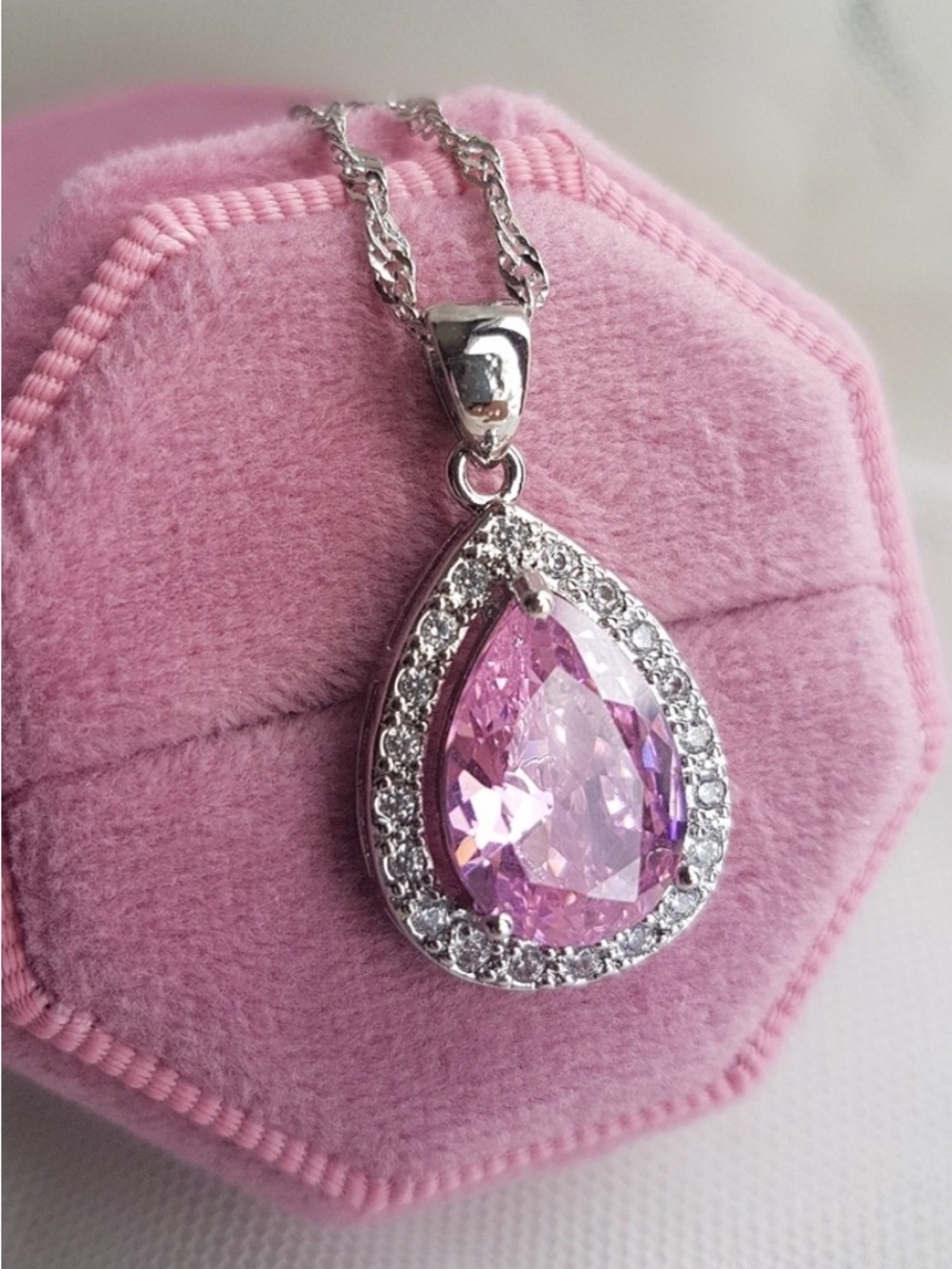 Swarovski Elements 925 Sterling Silver Large Pink Teardrop Halo Necklace NEW